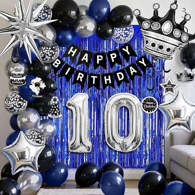 10th Birthday Decorations for Boys and Girls, Black Blue Silver Happy Birthday Number 10 Balloons, Banner, Fringe Curtains Garland Kit - 10 Year Old Party Supplies