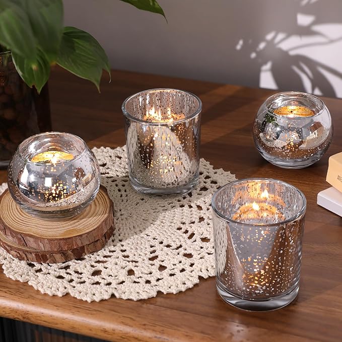 Volens 30pcs Assorted Silver Votive Candle Holders Bulk, Large Silver Wedding Centerpieces for Tables, Mercury Glass Votive & Tealight Candle Holders for Party Decorations and Home Decor