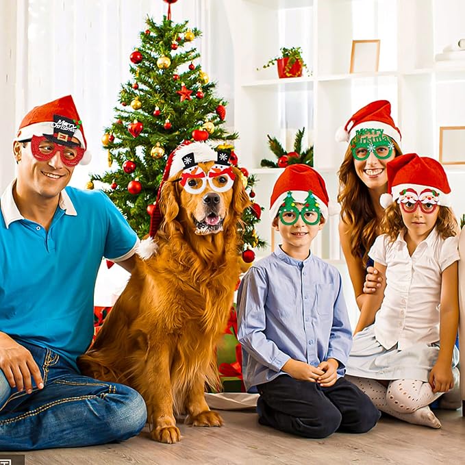 18 Pcs Christmas Glasses Glitter Headbands Hats Set, Hair Hoop Eyewear Eyeglasses Frame Santa Hat Photo Props for CHristmas Party Favors Holiday Photos Booth