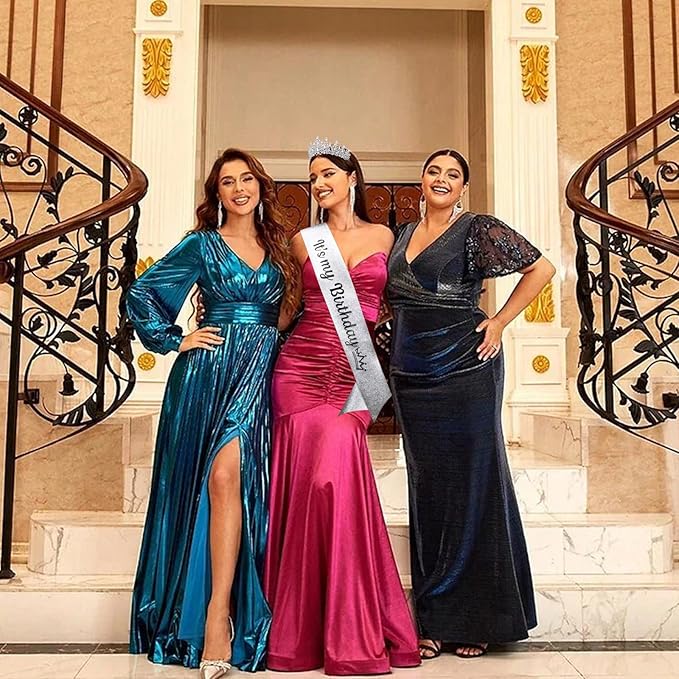 VELSCRUN Silver Crystal Birthday Tiara Crowns for Women Girls It's My Birthday Sash Queen Girls Princess Crown with Combs Happy Birth Party Decorations Mom Sisters Birth Gift Hair Accessories