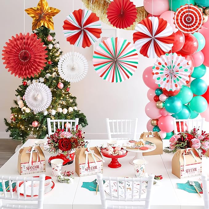 OBBOLO Christmas Paper Fans, Christmas Paper Decorations, Hanging Xmas Decorations in Gold, Red, White and Peppermint Candy Theme Honeycomb Decorations
