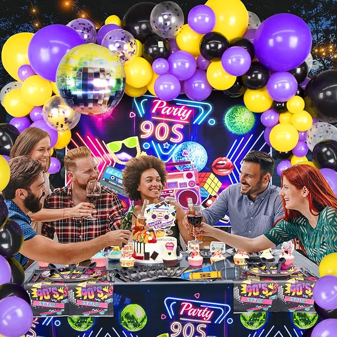 90s Party Decorations 80's 90's Theme Party Bundle includes Inflatable Gitar&Mobile Phone, Back To The 90's Banner, Tablecloth, Cake Toppers, Plates, Napkins, Hip-Hop Backdrop
