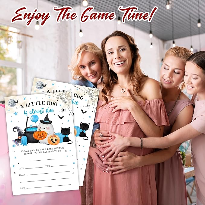 25 Halloween Baby Shower Invitation Cards, A Little Boo Is Almost Due, Adorable Halloween Elements Invites With Envelopes, Gender Reveal, Baby Announcement Party Favor & Supplies (Blue A09)