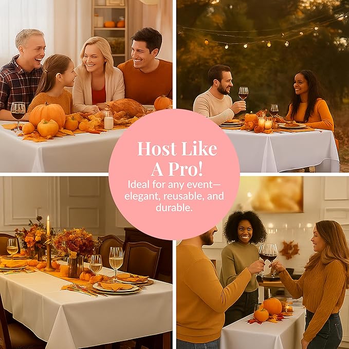 Prestee 48 White Plastic Tablecloth 108x54 Inches - No See-Through Rectangular Disposable Tablecloths for Indoor and Outdoor Events - Heavy-Duty and Waterproof for Holiday and Thanksgiving
