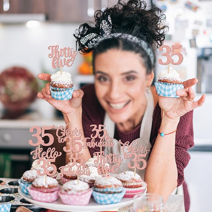 30PCS Happy 35th Birthday Cupcake Toppers Glitter Hello 35 Fabulous Thirty Five Cheers to 35 Years Old Birthday Cupcake Picks for Happy 35th Birthday Anniversary Party Cake Decor Supplies Rose Gold
