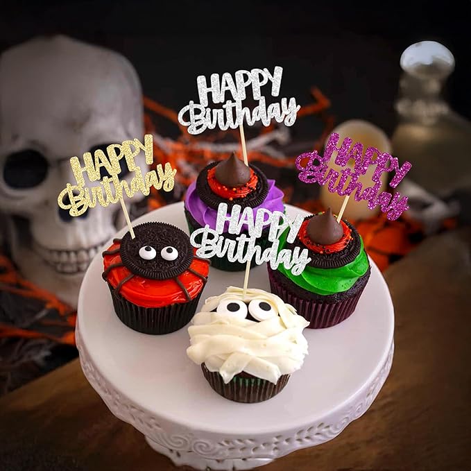 Gyufise 24Pcs Happy Birthday Cupcake Toppers Glitter Birthday Cupcake Food Picks for Celebrating Hunter Theme Party Cake Decorations Supplies Purple Gold Silver