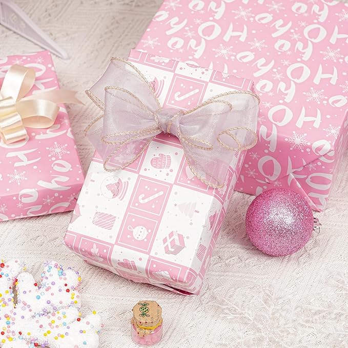 Ulmasinn Reversible Christmas Wrapping Paper Pink Mini Roll 17 Inches X 33 Feet for Girls Kids,printed with “Ho Ho” and Pink Holiday Collection Design for Festivals, Parties, Celebrations