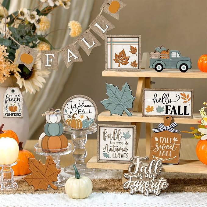 21 Pcs Thanksgiving Fall Tiered Tray Decoration Set Autumn Table Sign Pumpkins Farmhouse Decor Gnome Maple Leaves Centerpieces Harvest Wood Blocks Signs Fall Block Tabletop for Autumn