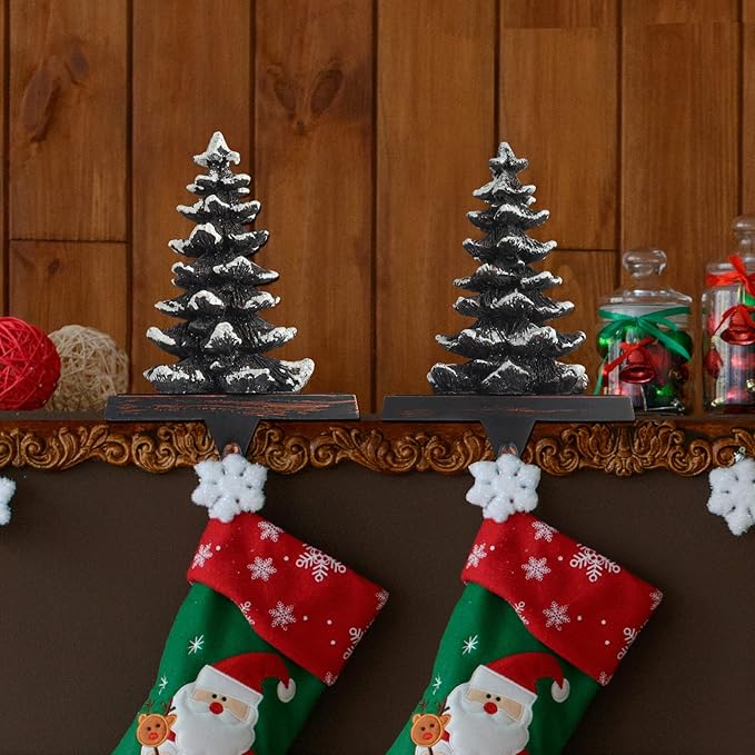 2025 New Christmas Stocking Holders for Mantle Set of 2 Snow Brown Vintage Xmas Tree with Non-Skid Stockings Holders for Fireplace Home Decor Holiday Gifts Christmas Decorations Indoor Supplies