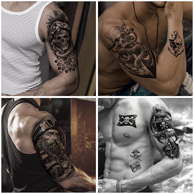 77 Sheets Pirate Temporary Tattoos Adult,Captain Anchor Compass Sailboat Tattoos, Pirate Ships Flag Skull Crossbones Sailor Fake Tattoo for Costume, Fake Arm Tattoos for Men Women Kids