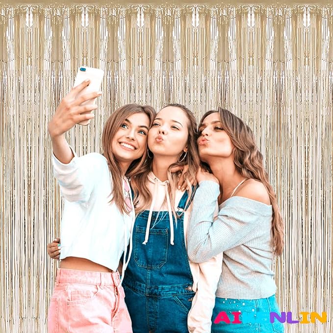 Champagne Gold Foil Fringe Curtain Backdrop, 4 Pack, 3.2Ft x 9.8Ft, Polyester (Mylar), for Party, Photo Booth Props, Birthday, Wedding, Christmas Decoration Supplies