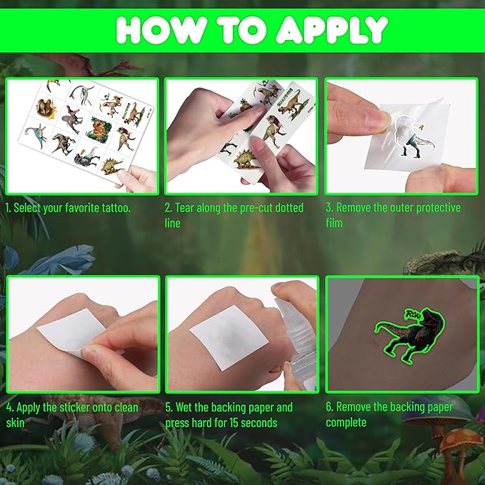 96 PCS Dinosaur 3D Pre-Cut Luminous Glow in the dark Temporary Tattoos for Kids | Super Cute Themed Birthday Party Favors, Supplies, Decorations, Funny Jungle Fake Tattoo Stickers Gifts for Boys Girls
