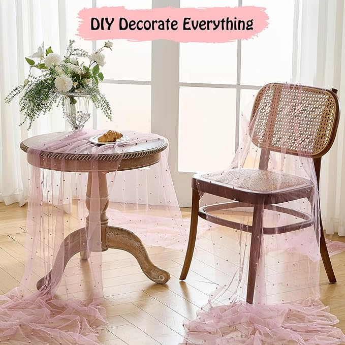 Fanami 3 Pack Pearl Table Runner -10FT Blush Pink Boho Tulle Table Runners 120 Inches Long Rustic Sheer Lace Fabric Centerpieces for Wedding Arch Birthday Party Bridal Veil Baby Shower Decorations