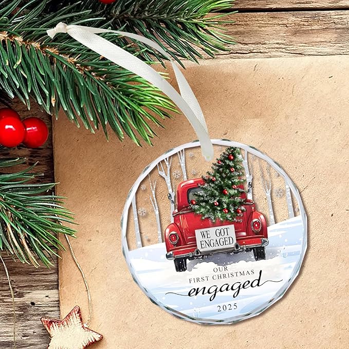 Engagement Gifts for Couples 2025, Our First Christmas Engaged Ornament Crystal Glass Keepsake, Wedding Gifts for Couples Christmas Decorations