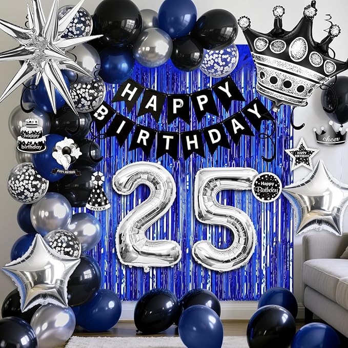 25th Birthday Decorations for Men and Women, Black Blue Silver Happy Birthday Number 25 Balloons, Banner, Fringe Curtains Garland Kit - 25 Year Old Party Supplies