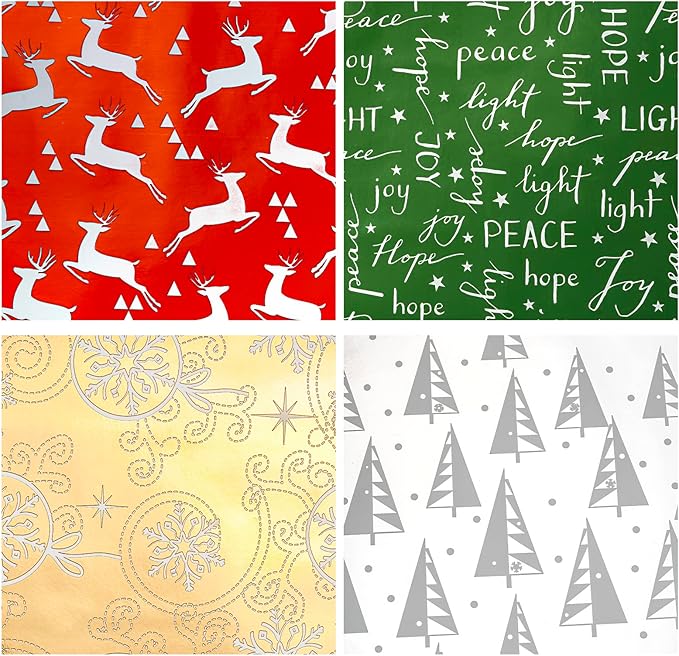 WRAPAHOLIC 30 Inch Christmas Wrapping Paper Roll - Jumbo Roll Red Green Gold and Silver Snowflakes Trees Holiday Collection with Metallic Foil Shine - 4 Rolls - 30 Inch x 120 Inch Per Roll