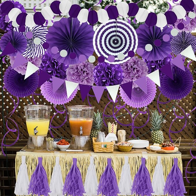 ZERODECO Party Decorations, 41 Pcs Purple Papar Fans Pompoms Garlands String Tissue Paper Tassel for Fiesta Home Bridal Baby Shower Wedding Boy Girl Birthday Party