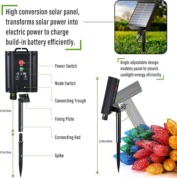 iBaycon Solar C9 Christmas Lights Outdoor, 65FT 100LED C9 Strawberry String Light, 8 Modes Solar Powered Lights String for Xmas Tree House Eaves Roof Christmas Holiday Decorations