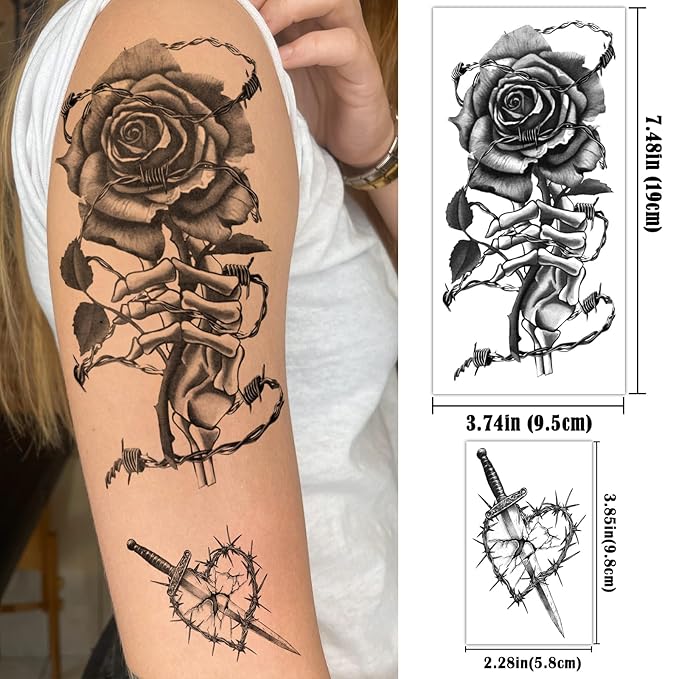 77 Sheets Temporary Tattoo for Women Men, 17 Sheets Half Arm Large Black Barbed Wire Fake Tattoos, 60 Sheets Skull Heart Flowers Tiny for Adult Kids Cosplay Party Body Tattoos Stickers Realistic