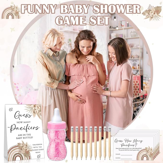 Roowest 512 Pcs Baby Shower Games Guess How Many Pacifiers Sign 100 Small Guessing Games 10 HB Pencils 750ml Milk Bottle 400 Acrylic Pacifiers Decoration for Guest Gender Reveal(Pink,Sunshine)