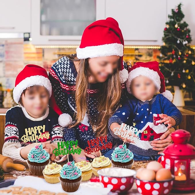 Gyufise 24Pcs Happy Birthday Cupcake Toppers Glitter Birthday Cupcake Food Picks for Celebrating Happy Halloween Theme Party Cake Decorations Supplies Silver Red Green Gold