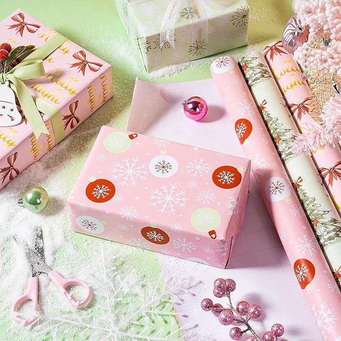 WRAPAHOLIC 30 Inch Christmas Wrapping Paper Roll - Jumbo Roll Light Green and Pink Christmas Tree, Snowflakes and Holly Red Bow Wrapping Paper - 4 Rolls - 30 Inch x 120 Inch Per Roll