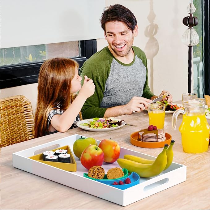 NIUBEE Acrylic Serving Tray 12x20 Inches -Spill Proof- White Decorative Tray Organiser for Ottoman Coffee Table Countertop with Handles