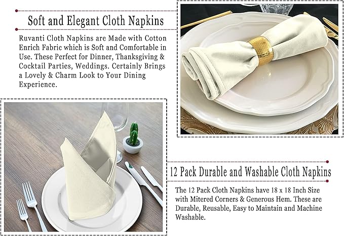 Ruvanti Cloth Napkins Set of 4, 18x18 Inches Napkins Cloth Washable, Soft, Durable, Absorbent, Cotton Blend. Table Dinner Napkins Cloth for Hotel, Lunch, Restaurant, Wedding Parties - Ivory