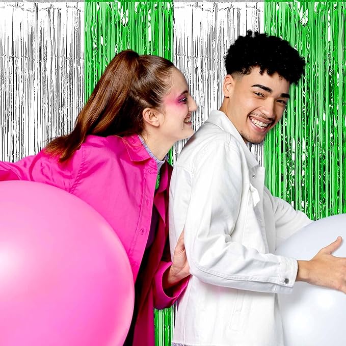 3 Pack Silver Green Foil Fringe Curtains Backdrop, 3.28 x 6.6 Ft Metallic Streamers Tinsel Curtains Background for Photo Booth, Birthday, Halloween, Christmas, Thanksgiving, New Year Party Decorations