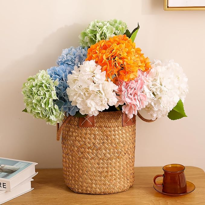 Tifuly 4pcs Fake Hydrangea with Vase - 3D Real Touch Faux Hydrangea Flowers with 3pcs Eucalyptus Stems for Wedding Centerpiece Home Party Table Decoration(Green)