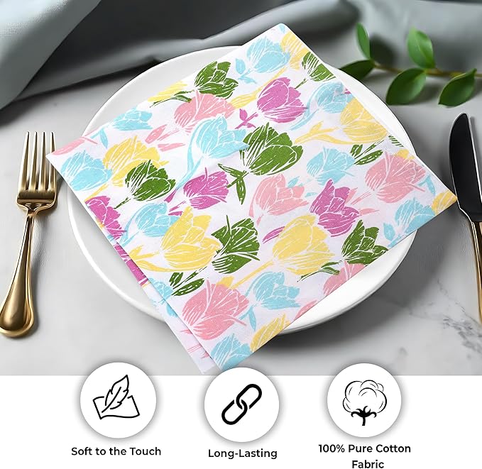 Urban Villa Easter Cloth Napkins Tulip Print 100% Cotton Absorbent Dinner Napkins (Set of 12) Oversized 20x20 Inches Soft Durable Reusable Washable Napkins Ideal for Everyday Use Parties Wedding