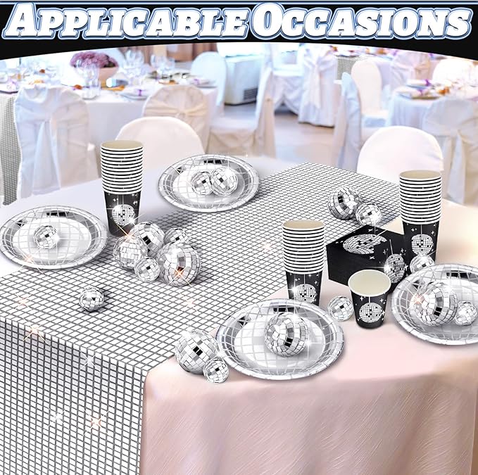 121 Pcs 70s 80s Disco Ball Christmas Party Decorations Disposable Paper Plates Napkins Cups Bachelorette Silver Balls Tableware Set for Wedding Cocktail Birthday Dancing Queen Party(Black, Silver)