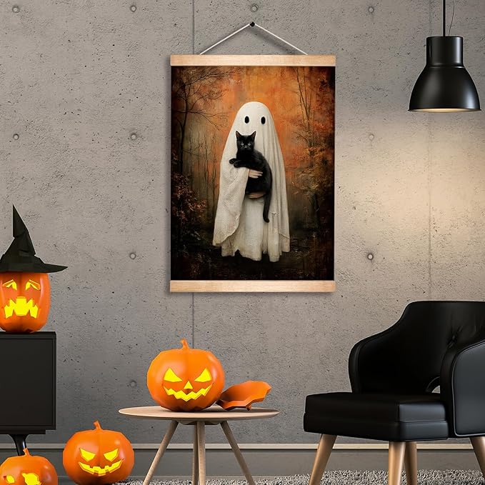 Rustic Ghost and Black Cat Wall Art 18.5x14 Inch,Fun Ghost Linen Canvas Wall Hanging Poster Decor, Retro Gothic Haunted House Theme Wall Poster for Library Reading Corner,Halloween Decorations (BLK05)