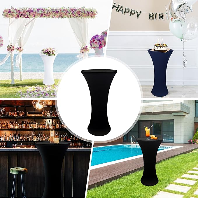 5PCS 24x43 Inch Round Fitted Cocktail Table Cover Black Spandex Cocktail Table Cloth Highboy Fitted Tablecloth High Top Table Cloths for Party Pub Banquet Bistro