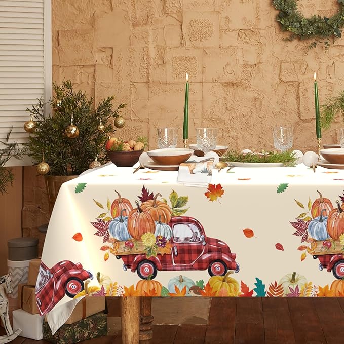 3Pcs Fall Pumpkin Truck Tablecloth, 54 x 108 Inch Thanksgiving Harvest Plastic Table Cover, Disposable Autumn Maple Leaf Table Cloth for Farmhouse Thanksgiving Fall Party Decorations