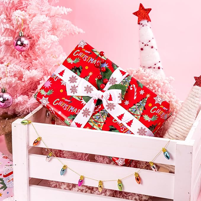 WRAPAHOLIC 30 Inch Christmas Wrapping Paper Roll - Jumbo Roll Red and Pink Santa Claus Cup, Christmas Tree Holiday Design - 4 Rolls - 30 Inch x 120 Inch Per Roll