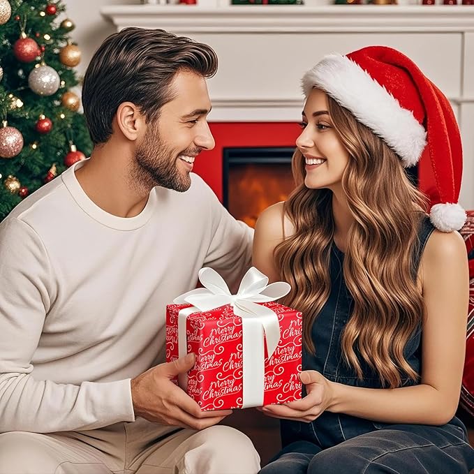 WRAPAHOLIC Reversible Red Christmas Wrapping Paper - Mini Roll - 17 Inch x 33 Feet - Merry Christmas and Solid Red Wrapping Paper for Holiday, Party Celebration