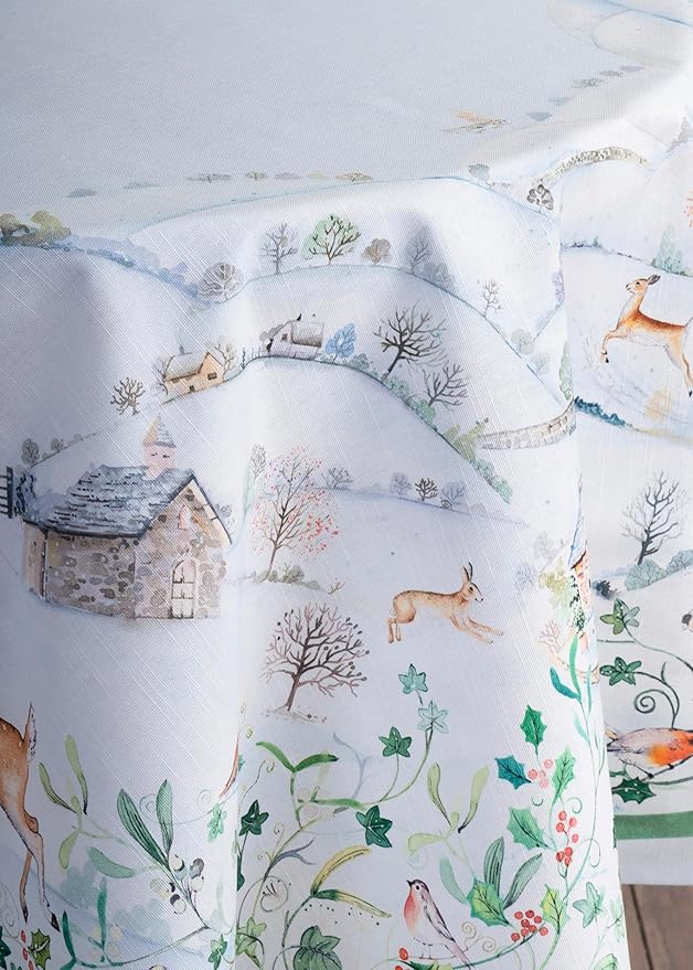 Maison d' Hermine Table Cloth Round Table 100% Cotton 69 Inches Fall Tablecloth Reusable Everyday Use for Thanksgiving Christmas Decorations Dining Farmhouse Party (Snowy World)