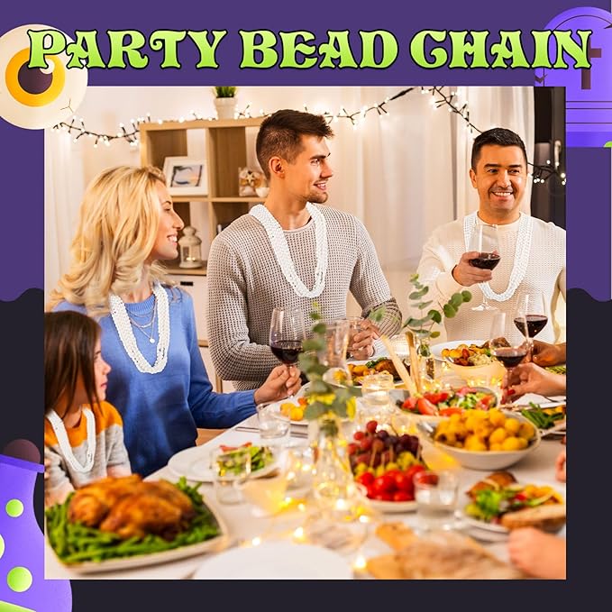 Riceshoot 200 Pcs White Bead Necklace Bulk Mardi Gras Oval Beads Necklace Party Favors 33" 7mm Metallic Color Beaded Costume Necklaces for Halloween Christmas Festive Event Accessories