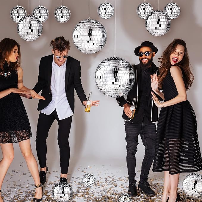 MTLEE 20 Pcs Disco Balls Decoration Mirror Disco Ball Assorted Silver Mini Glass Different Sizes Reflective with Rope for 70s Wedding Dance Music(4, 3. 2, 2 Inch)