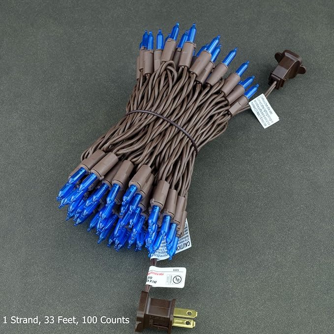 YULETIME Blue LED Christmas Lights with Brown Wire, 33 ft 100 Count UL Certified Commercial Grade Holiday String Light Set (Blue - Brown Wire)