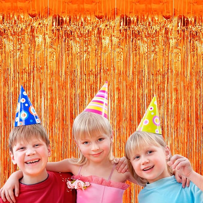 4 Pack Orange Foil Fringe Curtain Backdrop, 3.28Ftx8.2Ft Metallic Tinsel Foil Fringe Streamers Curtains for Party, Photo Booth Props, Birthday, 2022 Mother's Day Decoration Supplies