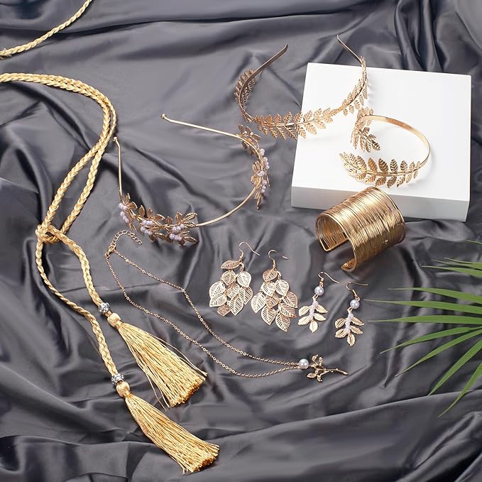 Greek Goddess Costume Accessories Set for Women, Golden Laurel Leaf Crown, Headpiece, Earrings, Roman Toga Waist Belt