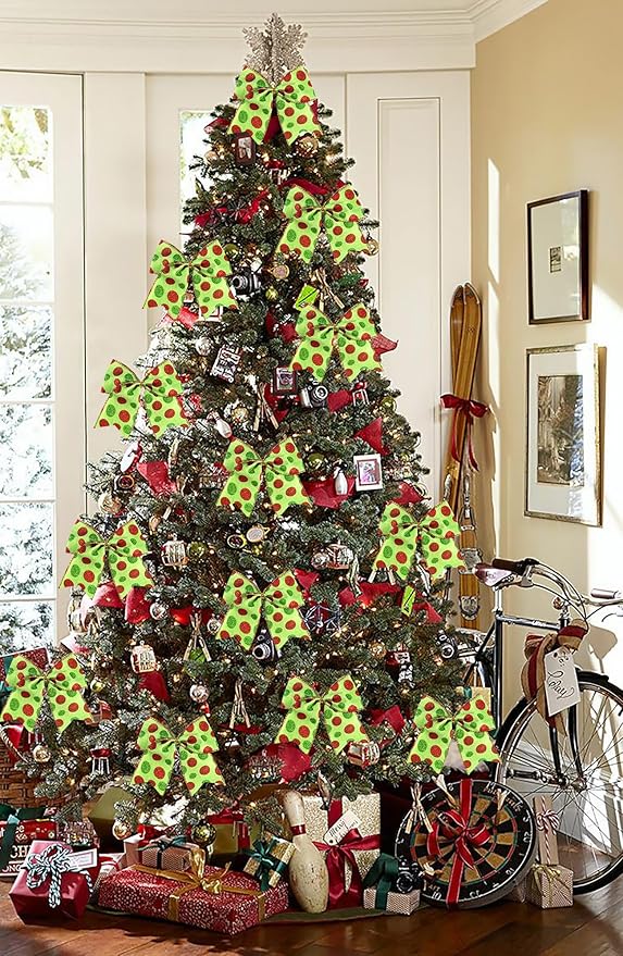 SIMISI RIBBON Christmas Tree Bows Wreaths Graland Xmas Party Decorations Red Green Polka Dot Ornaments (6 * 6 Inches, 12 Pcs)