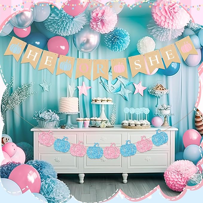 2 Pcs Little Pumpkin Fall Gender Reveal Decorations Pre-strung He or She Burlap Banner Sign Glitter Girl or Boy Baby Shower Garland for Gender Reveal Pink and Blue Theme Party Decorations
