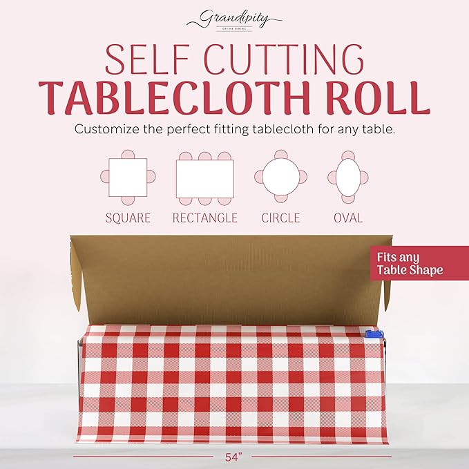 Grandipity Plastic Tablecloth Roll - 54in x 100 Ft. Red Gingham Checkered Plastic Table Cloths for Parties | Disposable with Cutter Box - Cut to Size Disposable Tablecloth for Rectangle & Round