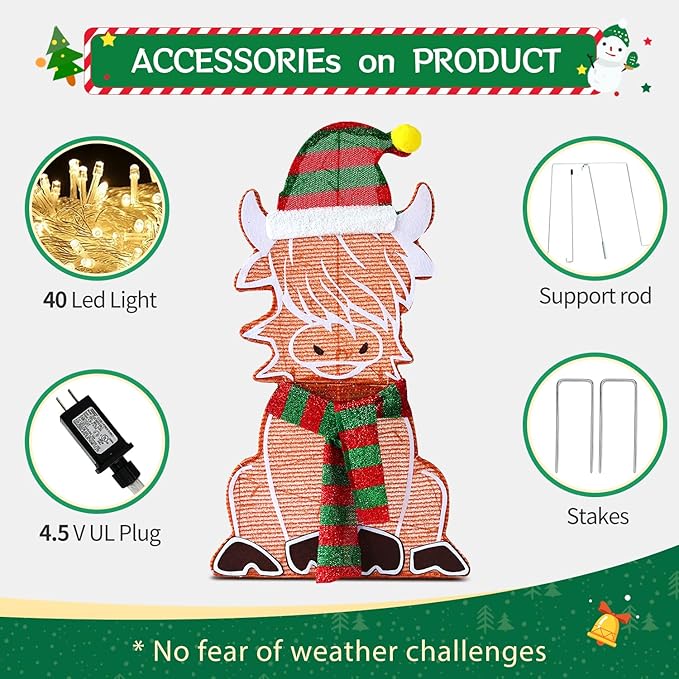 DomKom 28" 2D Flat Lighted Highland Cow Christmas Decor, 2-Piece Pre-Lit LED Scottish Cow with Scarf and Hat Indoor/Outdoor Plug-in Holiday Yard Display