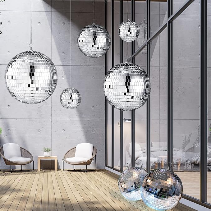 Haull 8 Pcs Large Disco Ball Set Silver Mirror Disco Reflective Ball with Hanging Ring Party Ornament Decoration for Stage Club Ballroom Dance Hall Wedding Prom Props(12'', 8'', 6'', 4'')