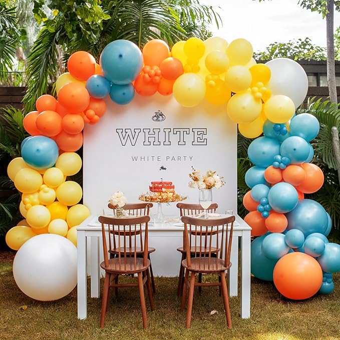 120Pcs Retro Blue Orange Yellow Balloon Arch Kit, Here Comes Balloon Garland Slate Blue Mustard Yellow for Baby Shower Boy First Trip Around the Sun Theme Birthday Boho Party Decoration