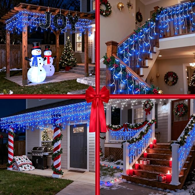 810 LED Christmas Lights Outdoor Indoor, 82ft Blue String Lights with 180 Drops, 12 Modes Dimmable Curtain Lights with Timer, Waterproof Twinkle Fairy Lights for Bedroom Window Eaves Xmas Decor